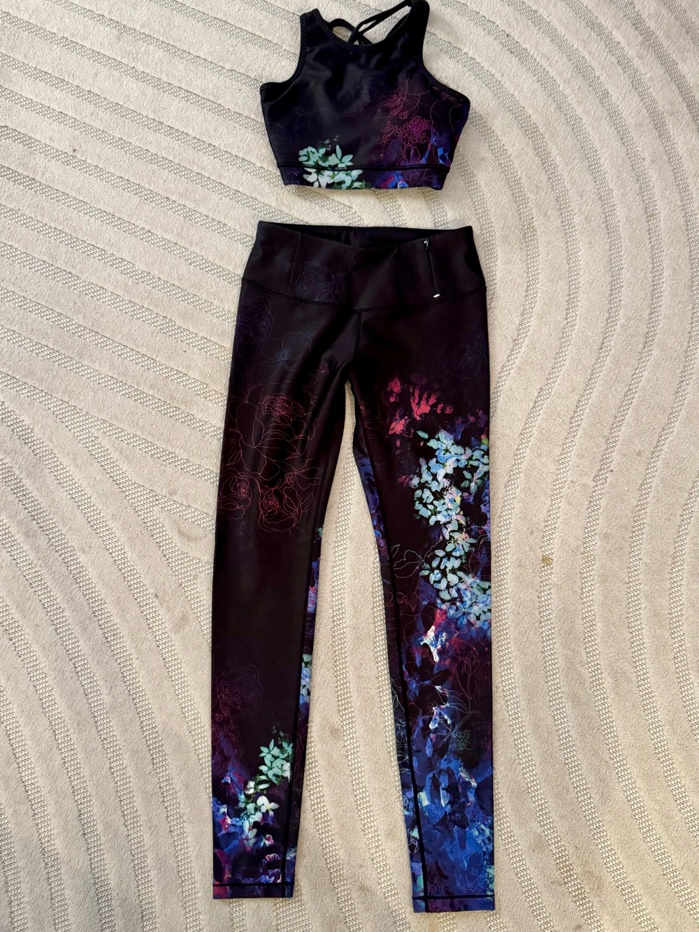 CALIA Floral Print Black, Pink & Blue Athletic Leggings and Sports Bra Set